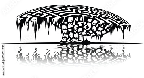 Intricate icy maze structure with frozen drips and reflection
