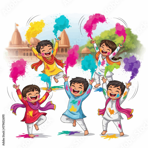Vector illustration of cute Indian children playing Holi, throwing colorful powders in the air