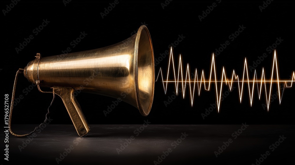 Naklejka premium Vintage brass megaphone with glowing sound wave, black background, close-up shot, copy space.