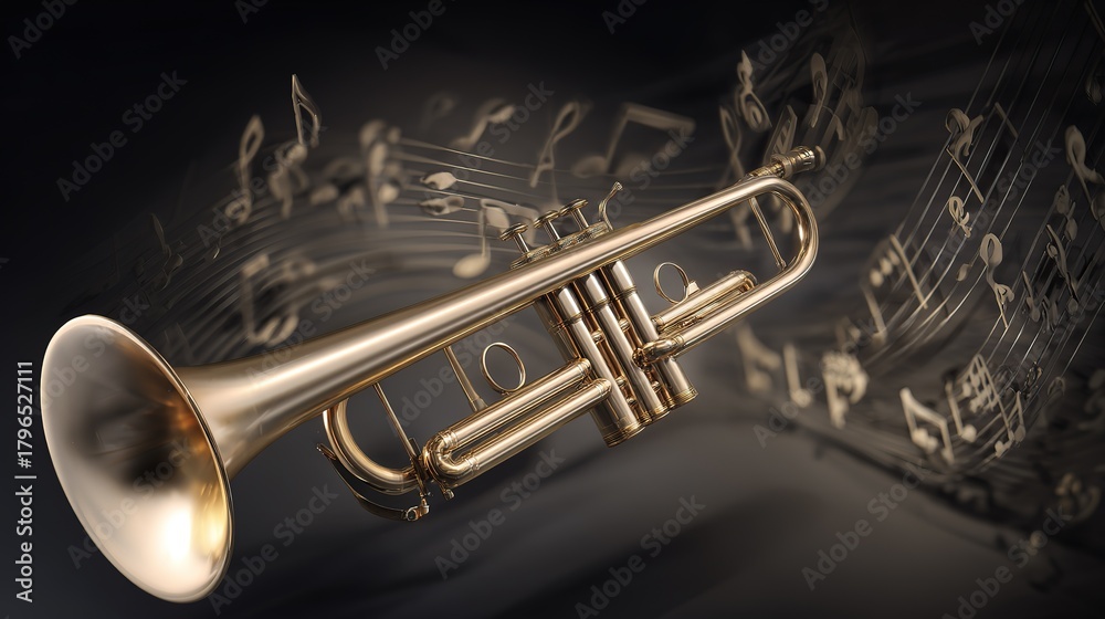 Naklejka premium Shiny Brass Trumpet, Polished Musical Instrument, with Floating Musical Notes on Dark Background, Dynamic Angle, copy space.