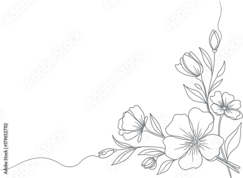 Elegant line drawing of blooming flowers in a corner arrangement