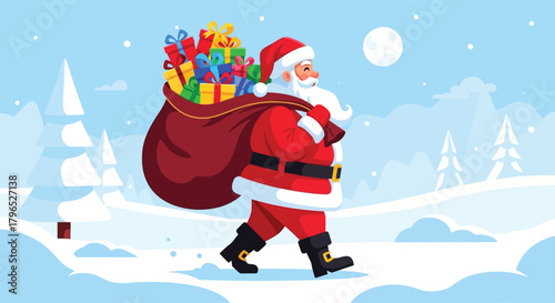 Santa Claus carrying a big sack of gifts through the snow, 2D flat vector style, bright festive colors