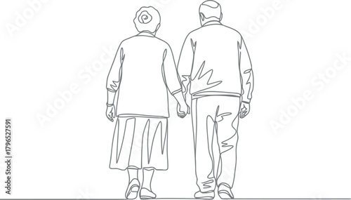 Elderly couple holding hands standing together in simple line art