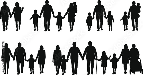 Family silhouette illustration set, diverse parent-child vector, generational relationship design, everyday life graphics, inclusive social interaction collection