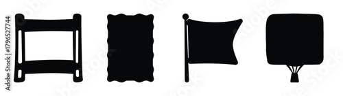 Four different types of signage including a frame billboard and flag icons for business and advertising purposes