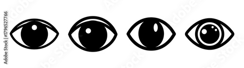 Four stylized human eyes displaying different pupils and reflections icon set
