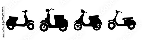 Four black retro-style scooters lined up side-by-side showing distinct designs