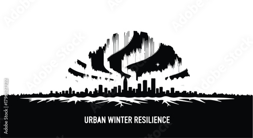 Abstract silhouette of a city skyline merging with a winter tree, symbolizing urban resilience.
