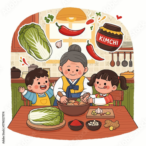 Vector illustration of small Korean children learning to make kimchi with their grandmother