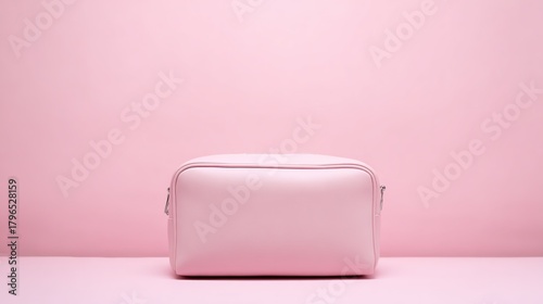Pastel Pink Leather Toiletry Bag, Minimalist Travel Accessory, on Pink Background, Front View, copy space.
