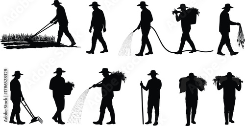 Farmer silhouette set, agricultural activity poses, crop harvesting vector, rural labor illustration, farming tool design, fieldwork posture collection, farm life art