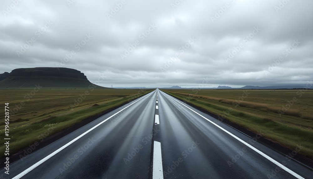 Naklejka premium Endless road leads to majestic mountain under dramatic sky
