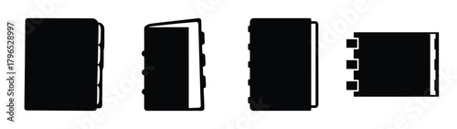 Collection of simple black icons representing books and journals in different orientations