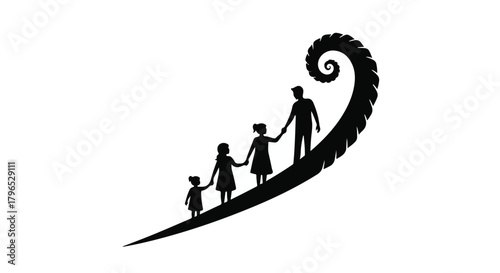 Family silhouette climbing a stylized path towards growth and future.