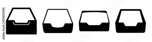 Four black and white inbox trays stacked isolated office organization supplies