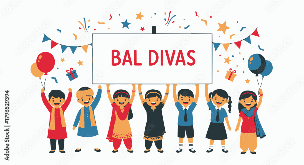 Fototapeta premium Group of Children Holding “Bal Divas” Banner