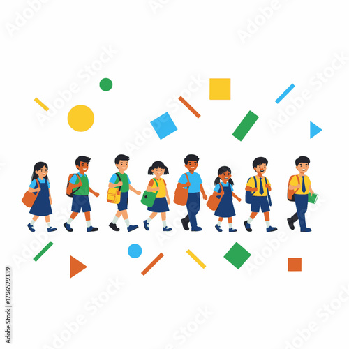 Children Walking Together in Colorful Pattern Background