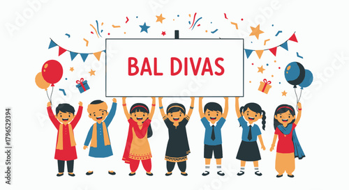 Group of Children Holding “Bal Divas” Banner