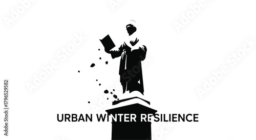 Statue symbolizing urban resilience against winter elements, with snow falling.