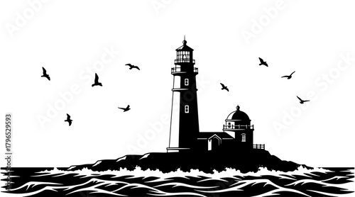Lighthouse silhouette with birds