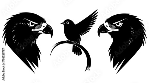Eagle heads and perched bird silhouette illustration