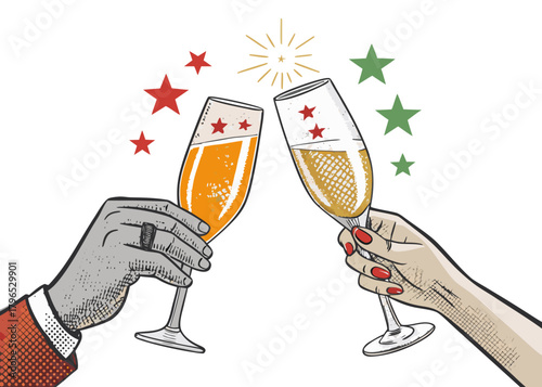 Male and Female Hands Holding Champagne Glasses Vector Illustration on transparent Background. Champagne Toast, Celebration, Christmas and New Year's Eve Party Flat Vector. 