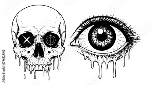 Skull and eye illustration with dripping elements