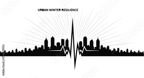 City skyline silhouette with a heartbeat pulse representing urban resilience during winter.