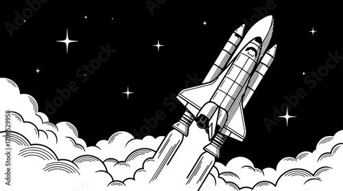 Space shuttle launching into the night sky