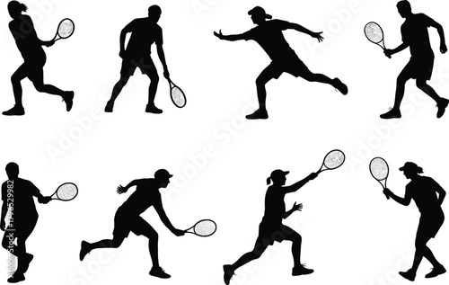 Tennis player silhouette, black graphic, vector illustration, racket swing, sports gesture, athletic movement, match action, dynamic pose, competition iconTennis player silhouette, 