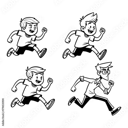 Running boys and youth cartoon characters
