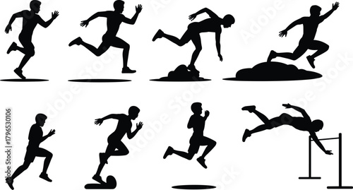 Athlete silhouette, running motion, jumping pose, black graphic, vector illustration, sprint start, track event, sports gesture, dynamic movement, competitionAthlete silhouette