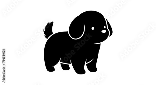 Adorable black puppy silhouette icon. Simple kawaii dog vector graphic for logo design, pet shop branding, or animal-themed projects