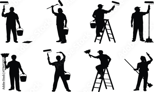 Cleaning worker silhouette, painting figure, black graphic, vector illustration, maintenance task, ladder pose, tool usage, manual labor, broom, bucketCleaning worker silhouette