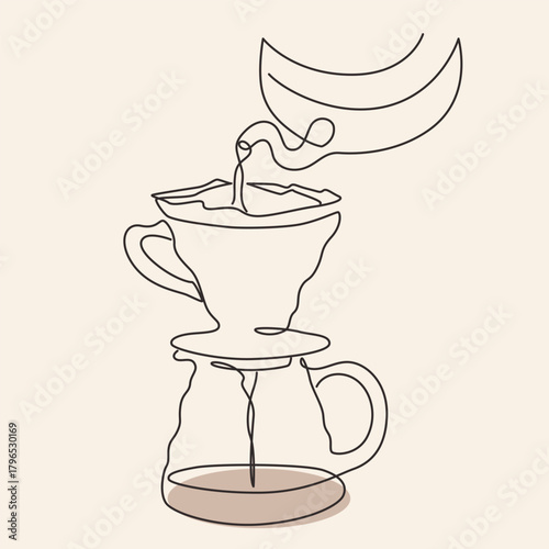 Brewing Coffee one line drawing. Brewing Coffee single line illustration. Brewing Coffee minimalist line art