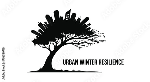 Silhouette of a tree with a city skyline forming its canopy, symbolizing urban winter resilience.