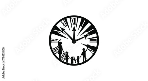 Family silhouettes inside a clock face symbolizing the passage of time and generations.