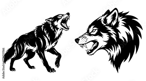 Wolf howling and snarling vector illustration