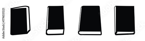 Collection of four stylized black book covers with white edges and spines on a plain background