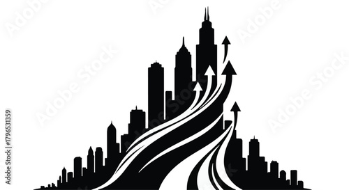 Dynamic cityscape silhouette with upward-trending arrows symbolizing growth and progress