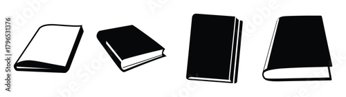 Collection of four hand drawn books displayed open closed different orientations and styles