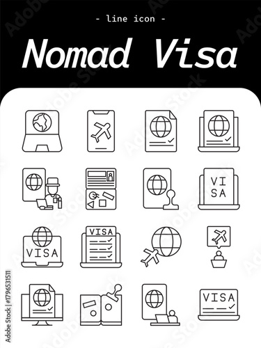 Nomad Visa Line Icon Vector Illustration – Minimal Outline Symbol for Digital Nomad Travel and Remote Work
