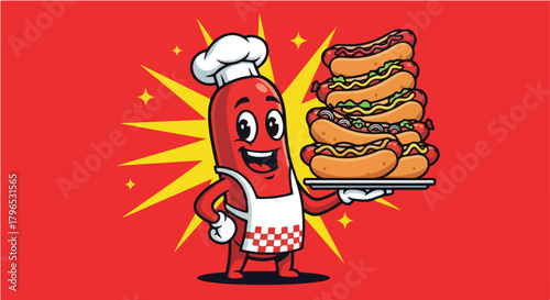 Cartoon hotdog chef wearing a hat and apron holding a tray piled high with delicious hotdogs against a red background with yellow stars.