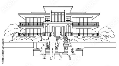 Family in front of a modern house