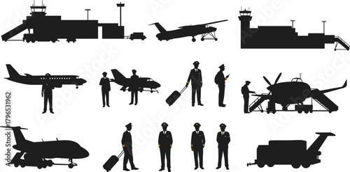 Airport silhouettes, airplane icons, pilot staff, control tower, ground vehicle, aviation scene, black vector, air transport, infrastructure, white background