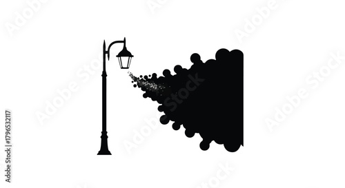 Street lamp emitting dark smoke or clouds against white background, symbolizing pollution or mystery.