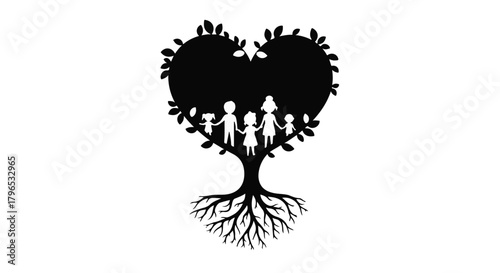 Loving family tree with heart-shaped canopy and strong roots symbolizes unity and connection.