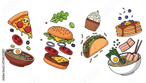 An illustration showcasing various floating foods, including pizza, burger, cupcake, pancakes, taco, and two bowls of noodles, against a white background.