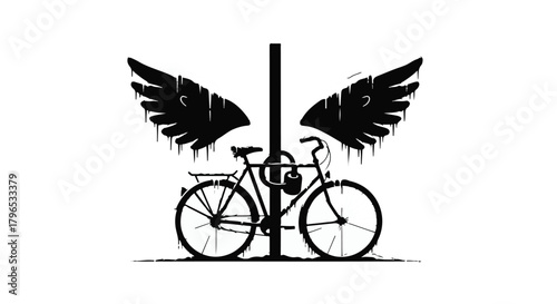 Symbolic bicycle with wings locked to a pole, representing freedom and confinement
