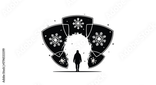 Lone figure stands before a glowing portal of intricate geometric patterns, symbolizing a journey into the unknown.